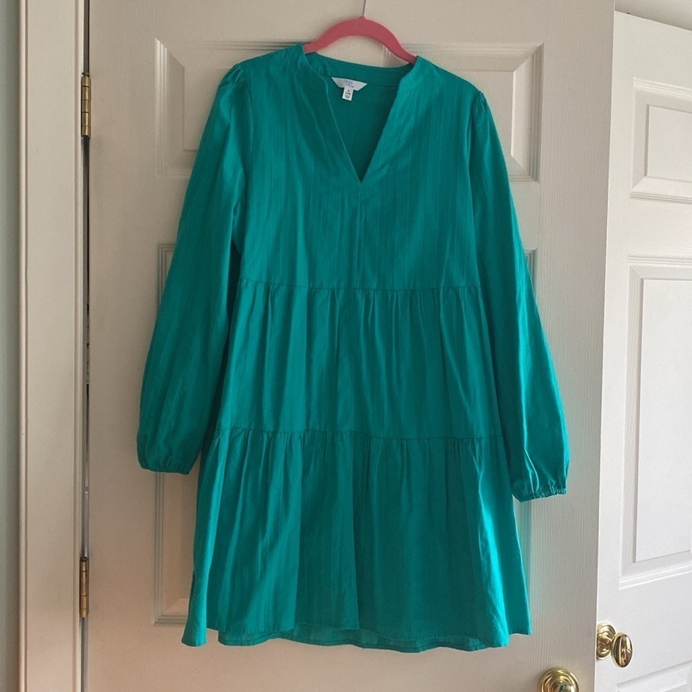 Green Cotton Long Sleeve Tiered Dress